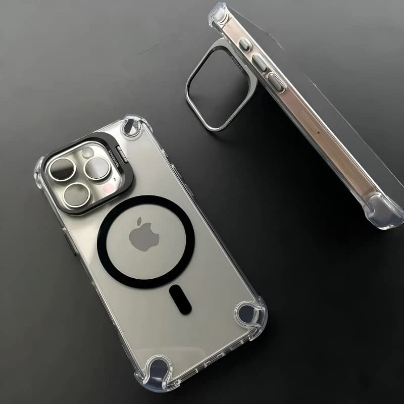 Anti-Shock Transparent Magsafe Metal Stand With Camera Protector Case For iPhone