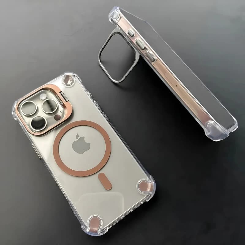 Anti-Shock Transparent Magsafe Metal Stand With Camera Protector Case For iPhone