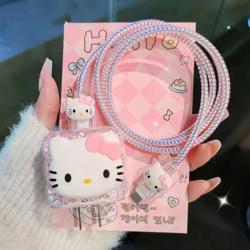 Glitter Hello Kitty Winding Kit iPhone Charger Cover With Cable Protector For US PIN