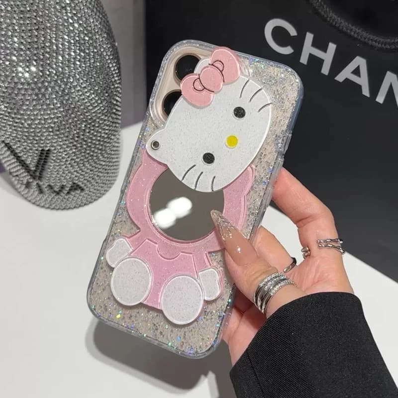 Hello Kitty Transparent Glitter With Face Mirror Case For iPhone