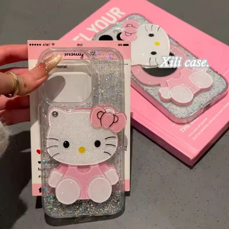 Hello Kitty Transparent Glitter With Face Mirror Case For iPhone