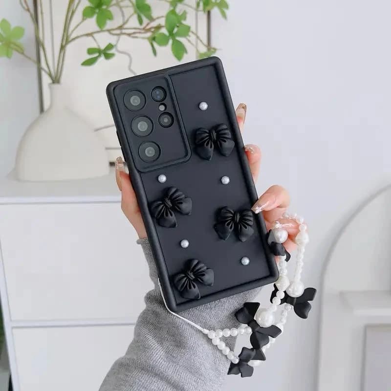 3D Bowknot Pearl Silicone Case With Lanyard For Samsung 1