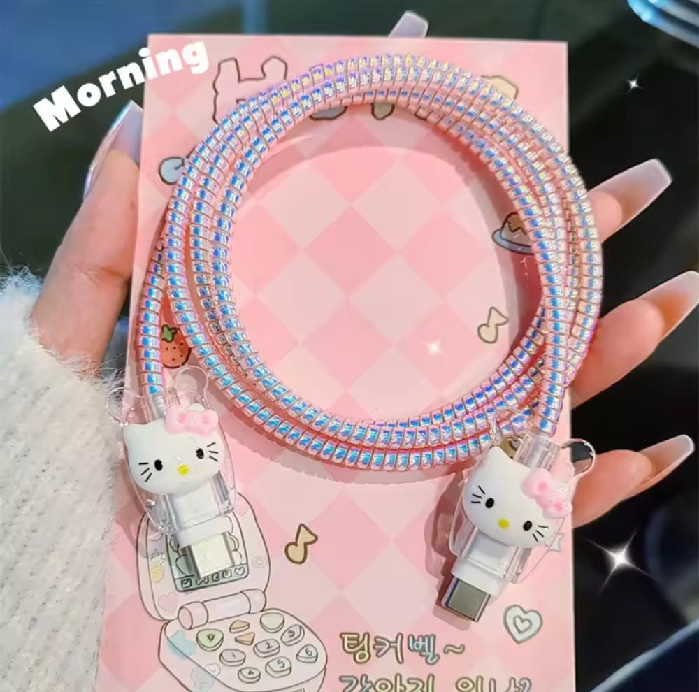 Glitter Hello Kitty Winding Kit iPhone Charger Cover With Cable Protector For US PIN