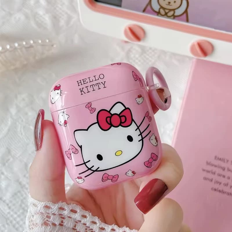 Pink Hello Kitty Cartoon Cute Girls Glossy Case For Apple Airpods